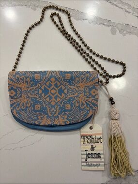 T-Shirt & Jeans Blue and Tan Patterned Crossbody with Beaded Strap and Tassel